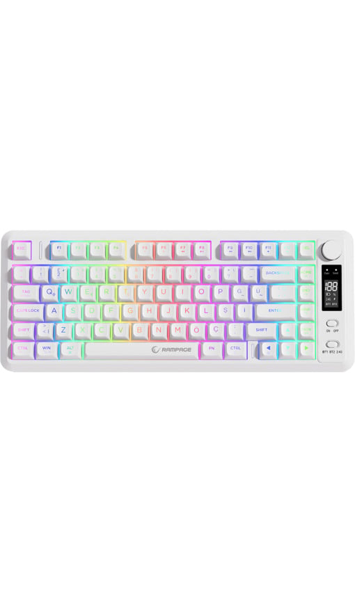 RAMPAGE RM-K87 Zeron Beyaz 2.4G + BT Wireless RGB Aydınlatmalı Q 75 Membrane Gaming Oyuncu Klavye
