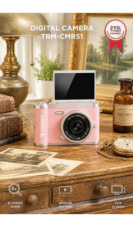 TORIMA CMR51 Mini Dijital Retro Kamera 48MP 8X Zoom Flip Ekranlı Selfie Video Vlog Kamerası Pembe